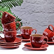 Resim  Keep London Londener Serisi Shiny Red Özel Tasarım Porselen 12 Parça 6 Kişilik Tük Kahvesi Fincan Takımı