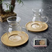 Resim  Keep London Özel Kesim ve Tasarım Londoner Serisi Borosilikat Cam Bambu Tabaklı İkili Çay Kahve Seti